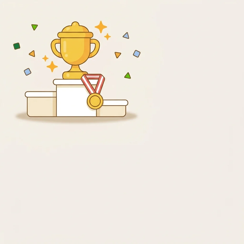 A trophy and medal on a podium with floating confetti and sparkles