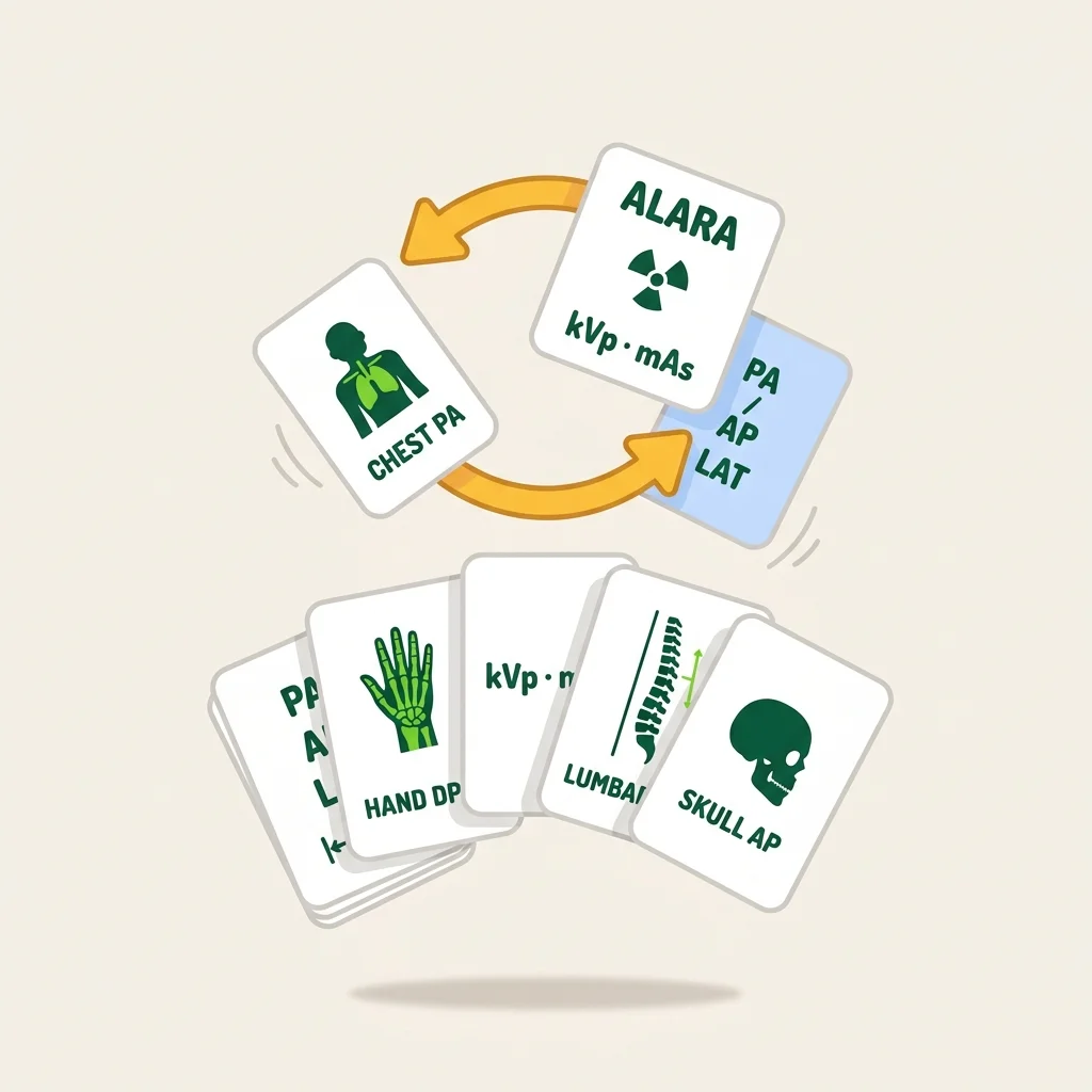 A stack of flashcards with two cards looping back into the deck via a circular arrow